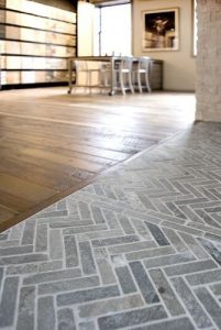 Grey herringbone kitchen floors.